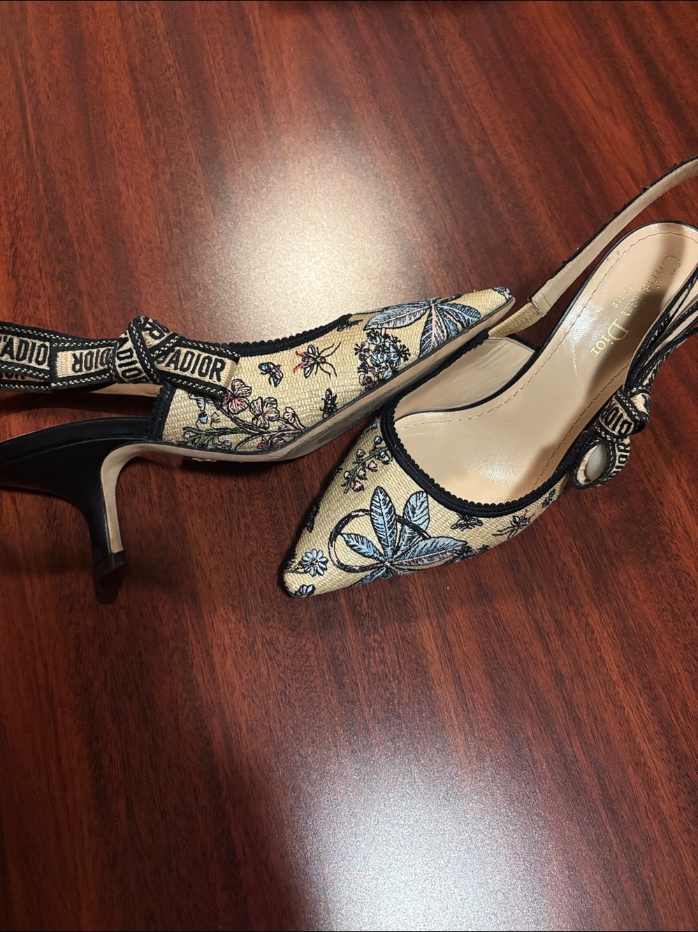 Dior Beige Embroidered Pointed Slingback Heels with Blue Floral Detail - Picture 5 of 6